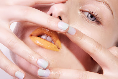 woman with yellow lipstick, dewy skin, cosmetic photography