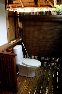 Outside toilet over bamboo slats.