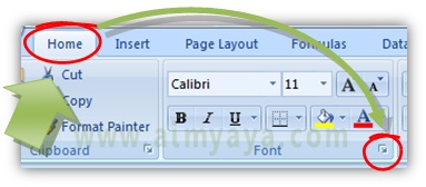  Gambar: Cara memunculkan dialog Format Cells melalui ombol toolbar di ribbon Home Microsoft Excel