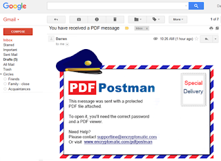 Send secure emails from Outlook with PDF Postman. Image showing PDF Postman message in Gmail inbox.
