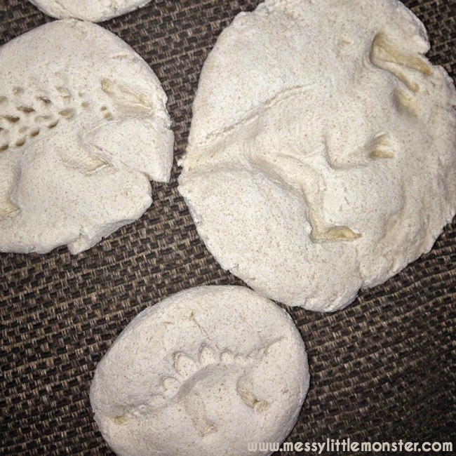 Dinosaur fossil craft for kids made from salt dough 