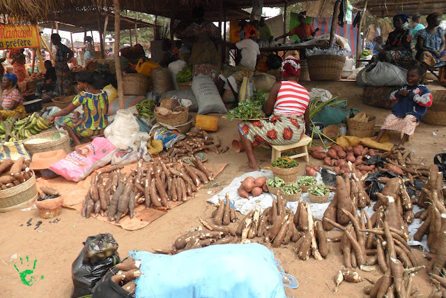Vendita di igname e manioca al mercato di Noepé, Togo, Africa