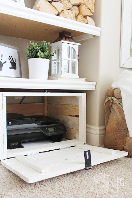 DIY Hidden printer storage in a cabinet! Make it whatever size you need to fit your space. 