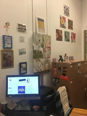 pretty decorations in an konmari method tidy office using dollar tree decos and old calendar pages
