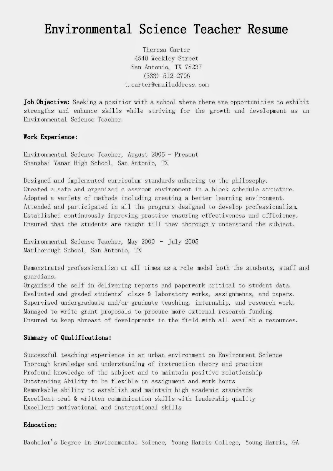 Resume sample for environmental services
