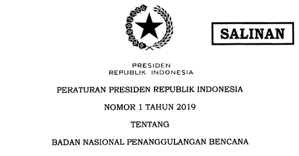 Perpres Nomor 1 Tahun 2019 Tentang Badan Nasional Penanggulangan