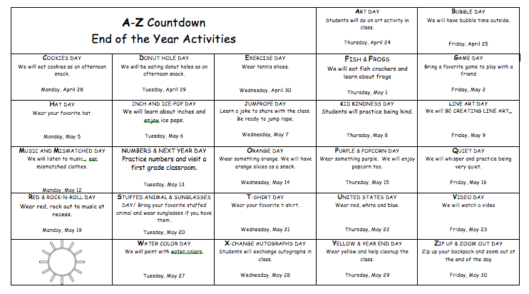 A-Z Countdown to summer vacation.  Free editable calendar