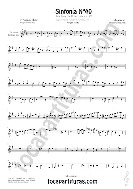  Symphony Nº 40 Sheet Music for Alto and Baritone Saxophone Music Scores PDF and MIDI here