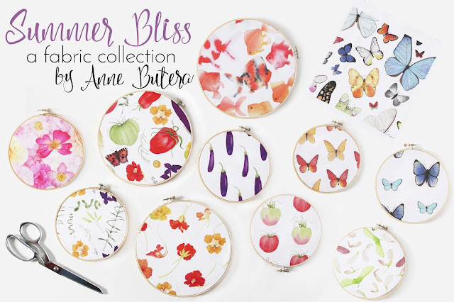 Summer Bliss, Summer Bliss Fabric Collection, watercolor surface pattern design, botanical watercolor, butterflies, garden, Spoonflower, Anne Butera, My Giant Strawberry