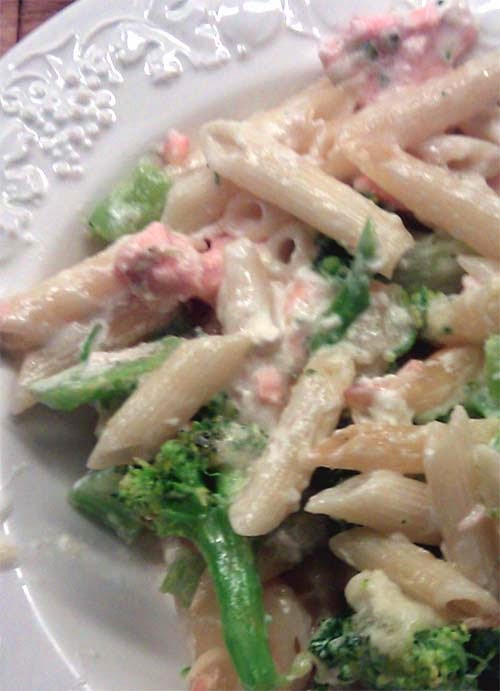Creamy Salmon Broccoli Pasta Casserole. Simple and Light Summer Recipe.