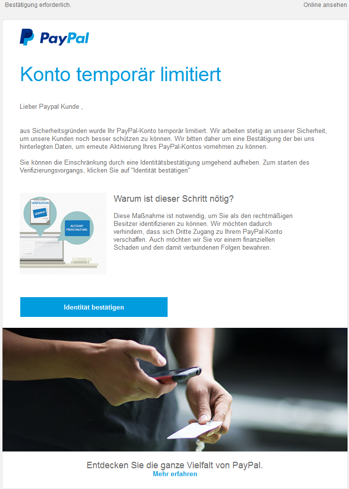 Phishing Mail Alerts Paypal Ihr Konto Wurde Temporar Eingeschrankt