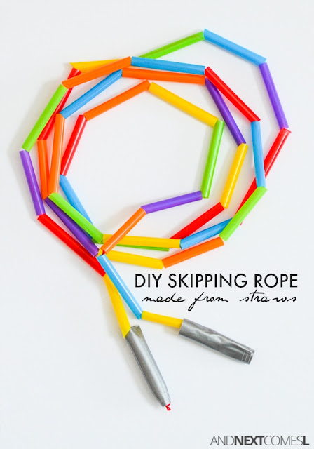 How to make an easy DIY skipping rope for kids using dollar store straws. A perfect fine motor craft for toddlers, preschoolers, or kids of any age from And Next Comes L