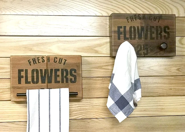 Towel holders made from butcher block for a farmhouse kitchen.
