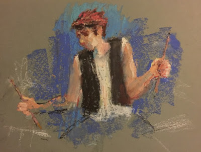 The Drummer - young man playing drums Loose oil pastel drawing of a young man playing drums drawing on dark blue paper using cool color scheme.