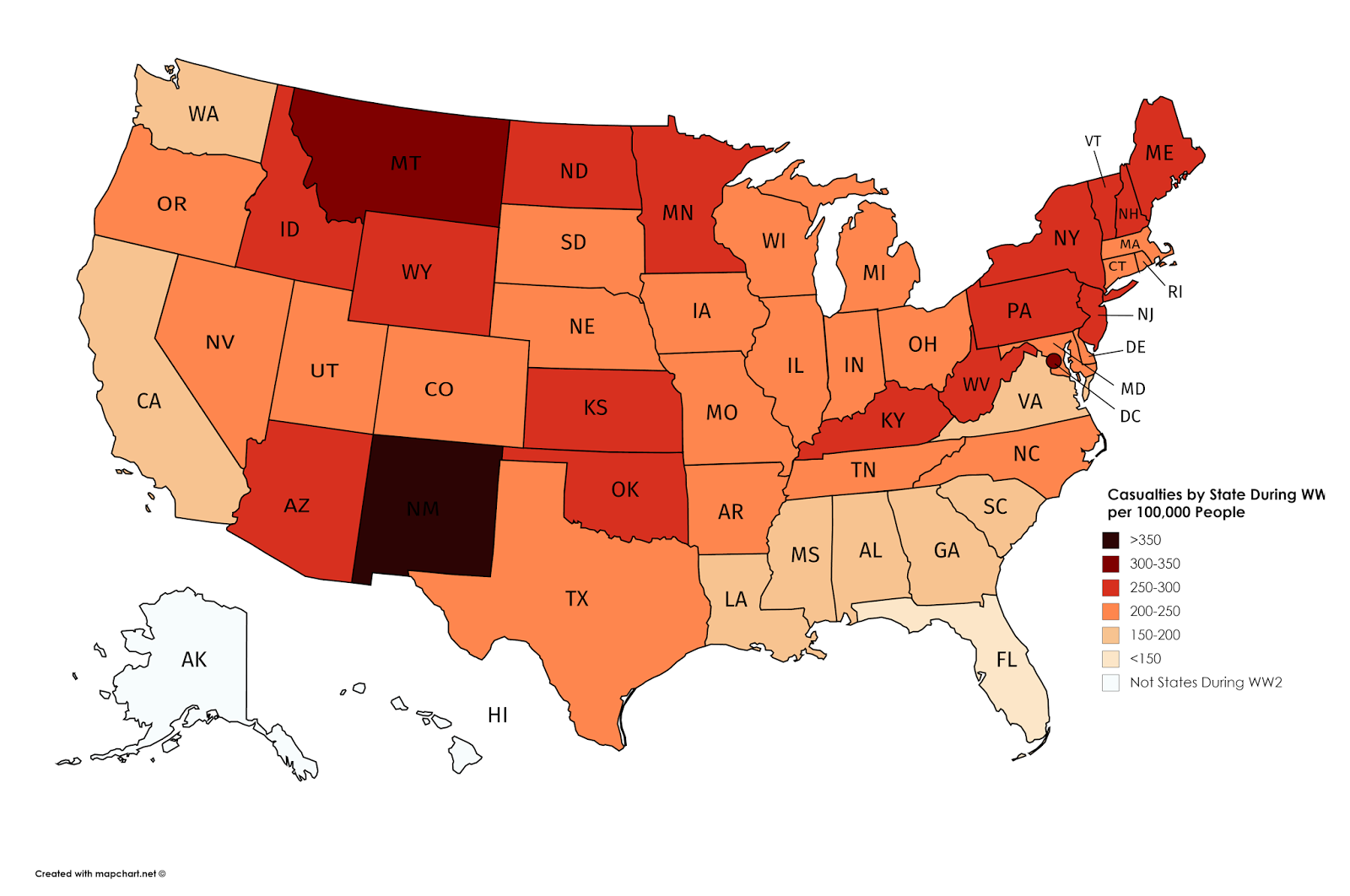 Casualties By Us State During World War Ii Per 100000 People Vivid Maps
