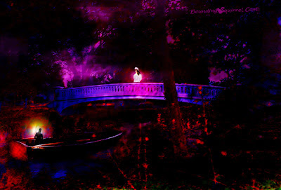 In this digital art piece, it is evening/nighttime, and a woman in white bridge, looking at a man with a lantern in a  rowing boat below her.