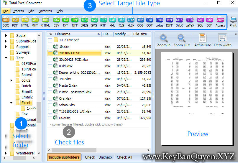 huyển đổi file Excel sang  DOC, DOCX, PDF, HTML, TXT, ODT, ODS, XML, SQL, CSV, Lotus, DBF, TEX, DIFF, SYLK và LaTeX