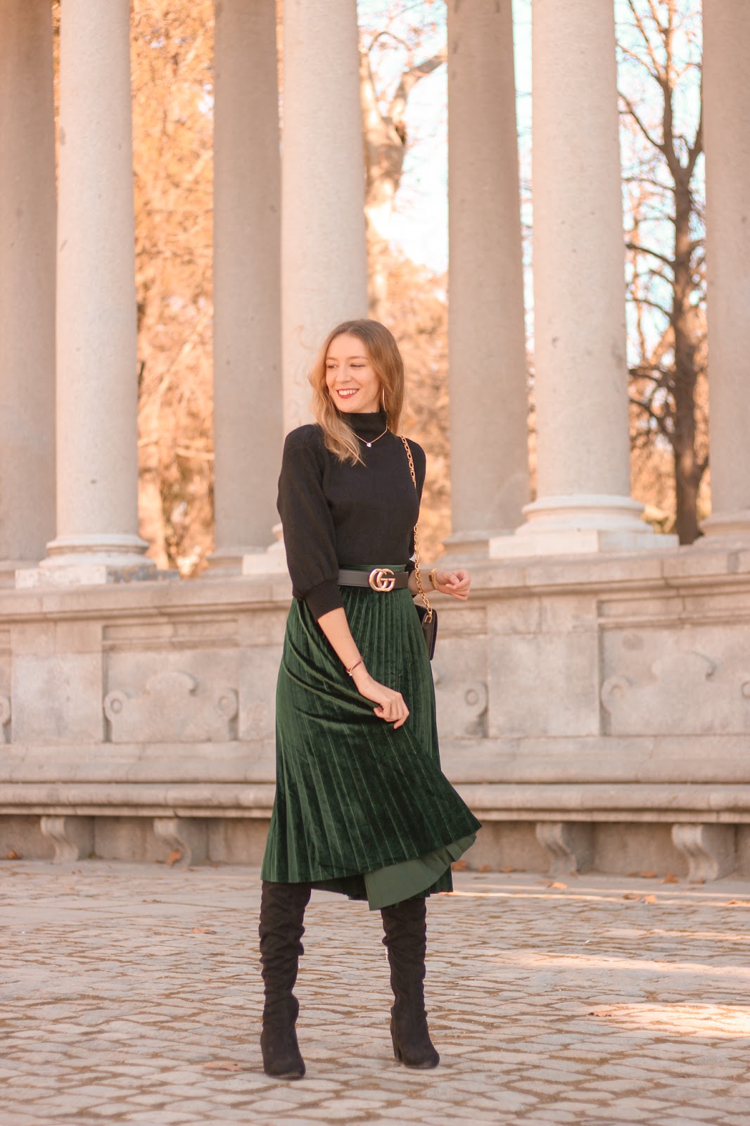 green-velvet-skirt-gucci-belt-black-turtle-neck-street-style