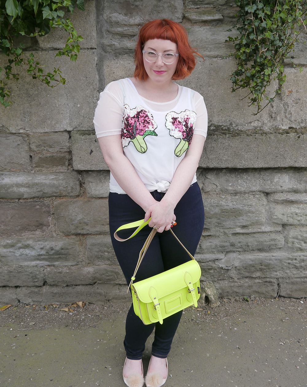 Casual day time sequins with Never Monday styled by Helen, Scottish blogger, Dundee blogger, red head, ginger hair, short ginger hair, Iolla glasses, #seewithiolla, Never Monday, day time sequins, sequin top, casual sequins, Yoshi satchel, neon yellow satchel, denim jean, pom pom shoes, pom pom flat shoes, pink pom pom shoes