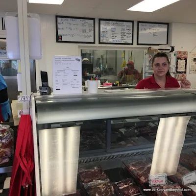 meat counter at Manas Ranch Meat Market in Esparto, Capay Valley, California