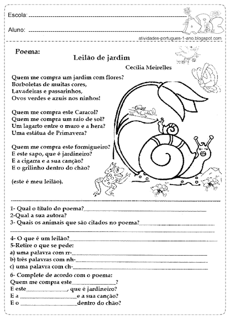 Atividades de interpretação de texto - Poemas com perguntas do tipo: Qual o titulo