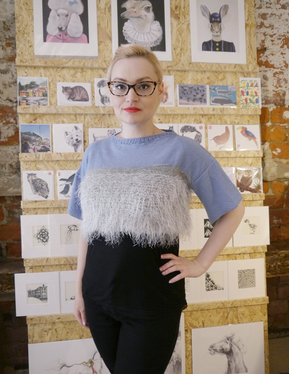 Kimberley wearing Yellow Bubble knitted crop top Tea Green Events, Concept Atelier, pop up shop, Dundee, The Old Flour Mill, Tea Green, Scottish design, Scottish designers, Dundee designers, Dundee bloggers, Scottish bloggers, Yellow Bubble, knitwear, knitted crop top, blue crop top, Edinburgh designer, knitwear design
