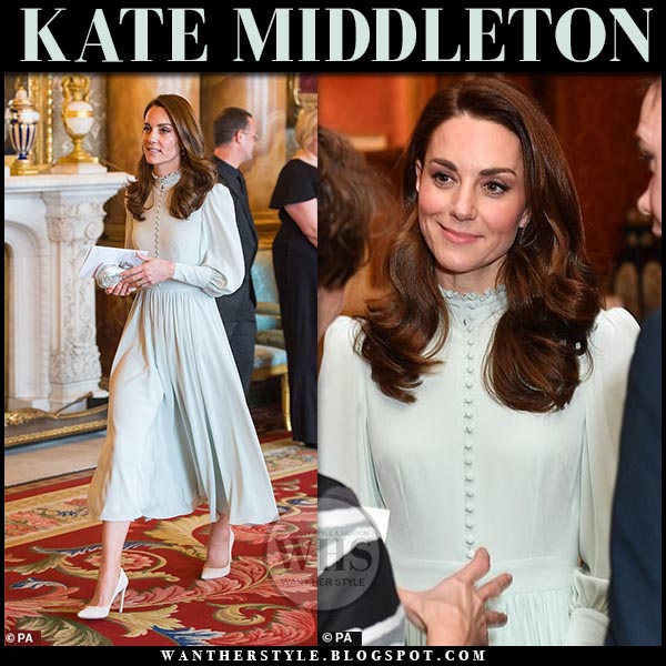 Kate Middleton in mint chiffon high neck midi dress at Buckingham ...