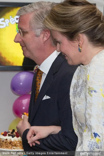 King Philippe and Queen Mathilde of Belgium visit the RTBF studio on March 19, 2015 in Brussels, Belgium.