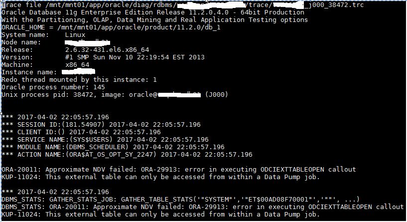 expdp ora-29913 error in executing odciexttableopen callout