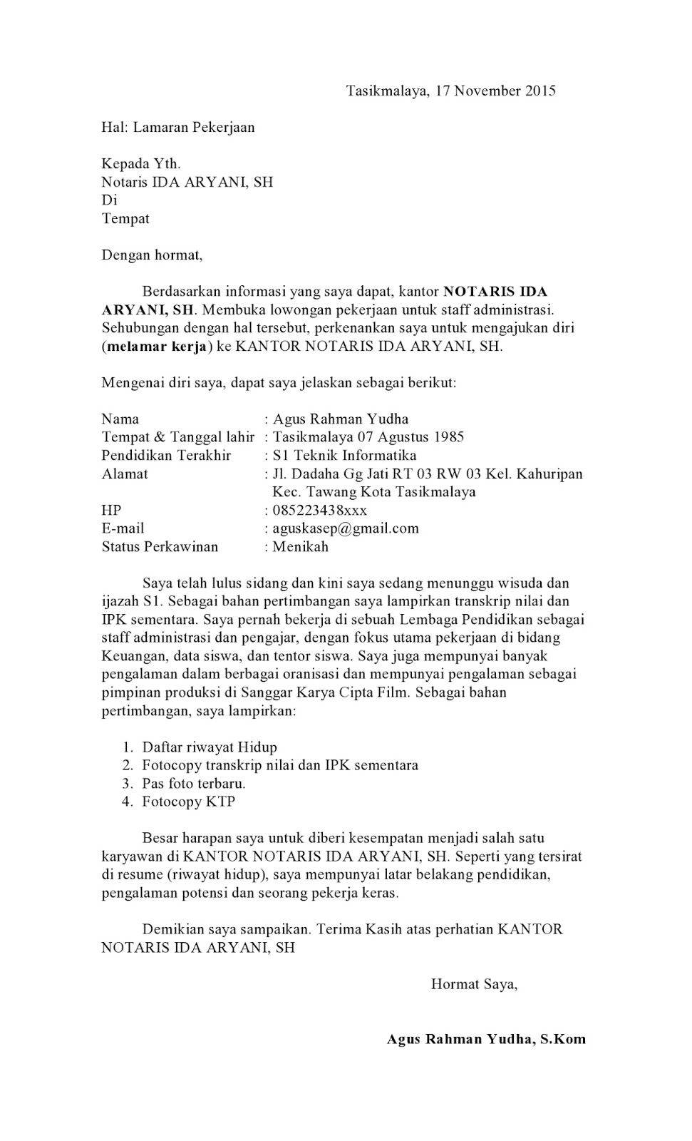 Contoh Surat Lamaran Magang Advokat Audit Kinerja