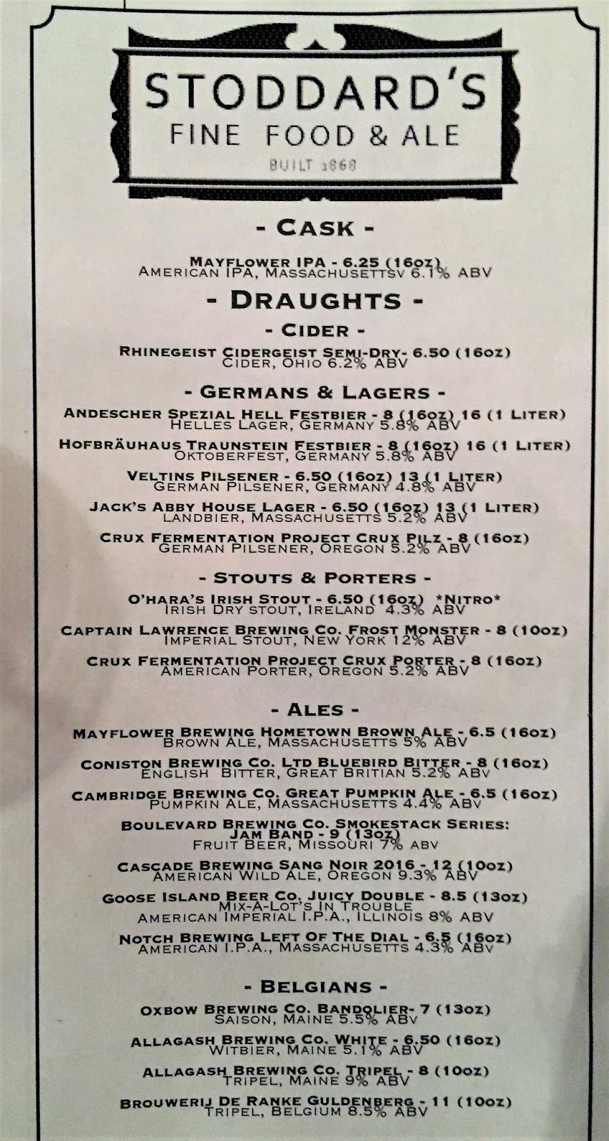 Beer North America Stoddard's Fine Food & Ale, Boston, MA