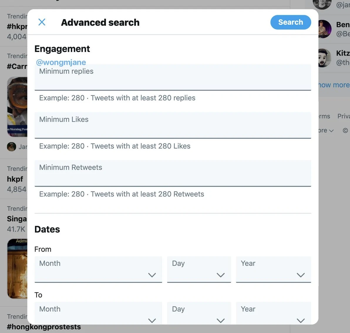 Twitter is testing Engagement section in Advanced search, providing a convenient way to filter for a minimum amount of metrics in search result