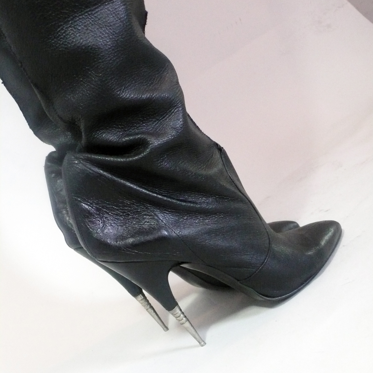 eBay Leather: Vintage black leather thigh boots with metal stiletto heels