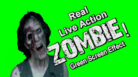 A photo of a zombie against a green background with text reading, real live action zombie green screen.