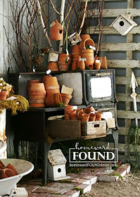 raid the garden shed for materials to use in your spring decorating - inside and out! use a vintage stove as a potting bench! homewardFOUNDdecor