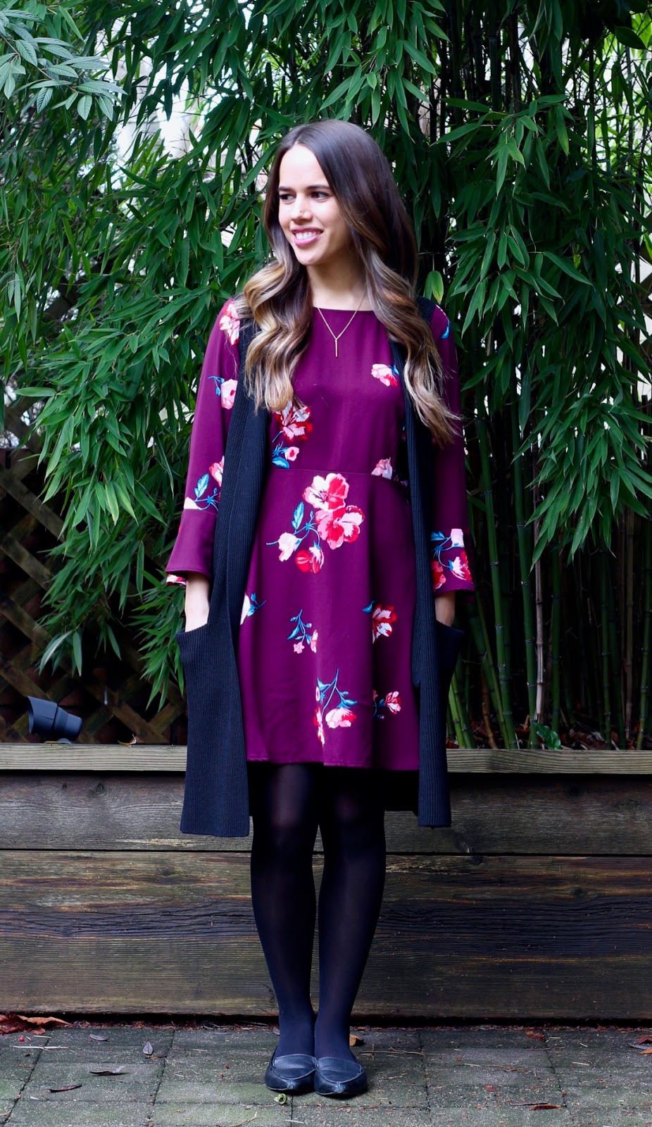 Jules in Flats - Fit and Flare Flute Sleeve Dress with Sweater Vest (Business Casual Winter Workwear on a Budget)