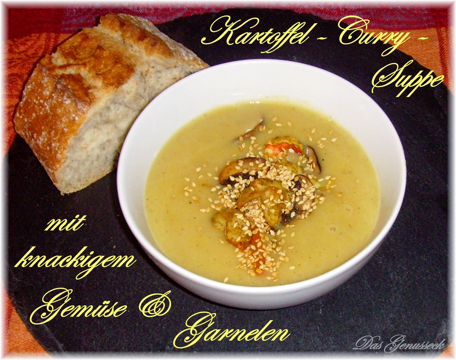 Das Genusseck: Kartoffel-Curry-Suppe mit knackigem Gemüse und Garnelen
