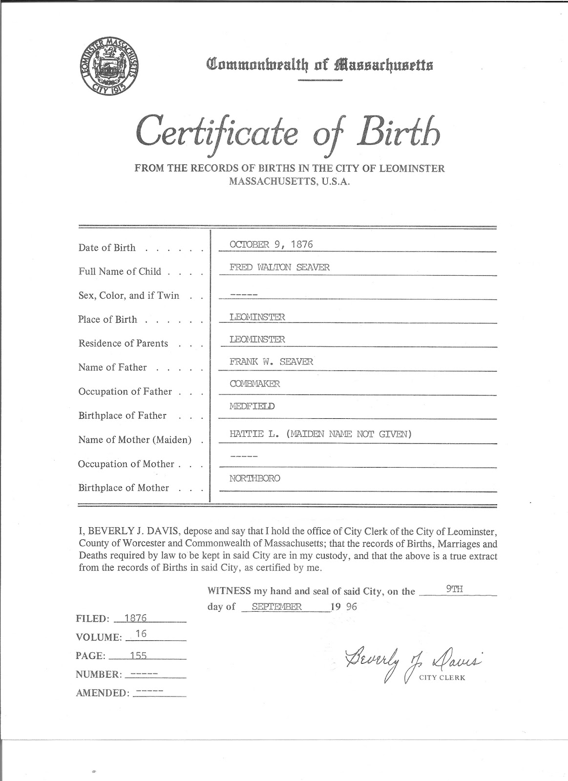 massachusetts birth certificate