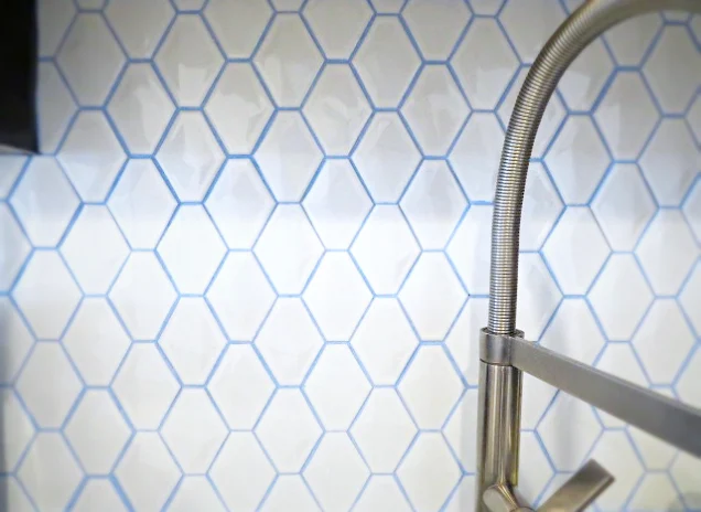 kitchen backsplash mosaic tile with custom blue grout