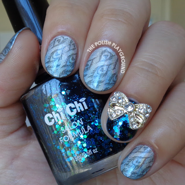 Blue and Silver Holo Gradient with Feather Stamping Nail Art