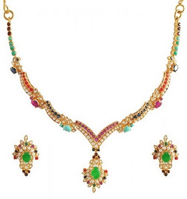 Gold and Diamond jewellery designs: Colour stones fancy gold necklace set