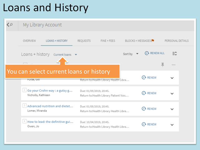 Loans + History - the current loans option is selected and a list of borrowed books can be viewed