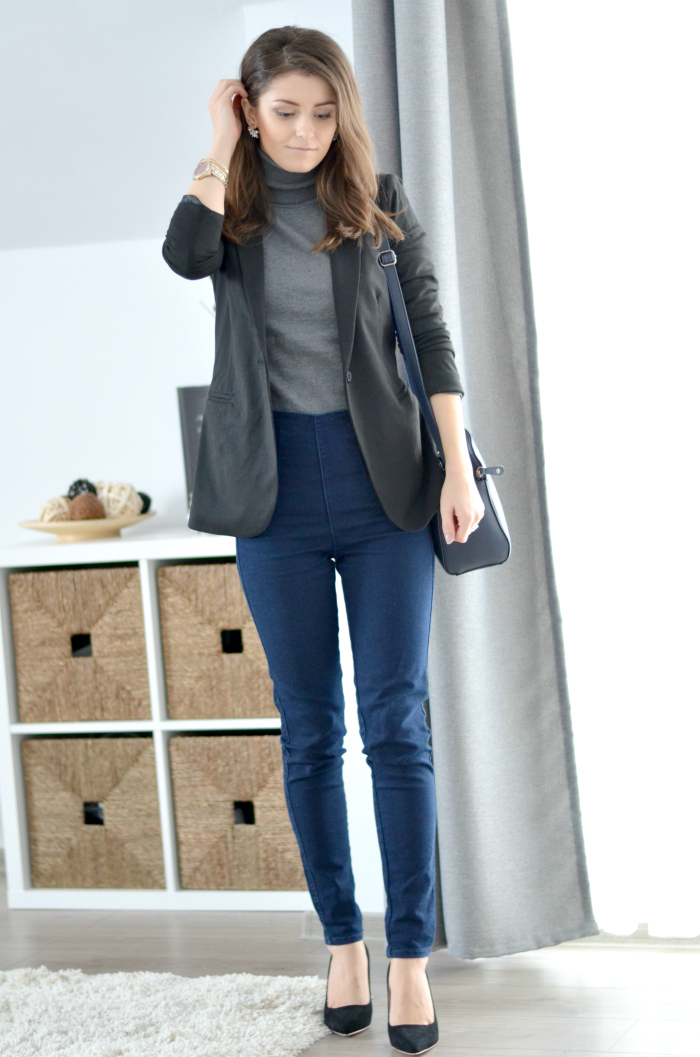 basic office outfit with black blazer style