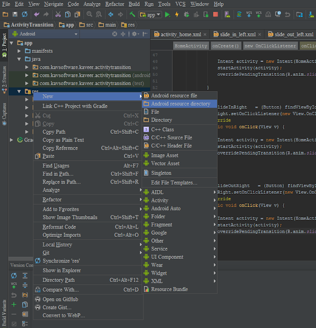 Android tutorial for activity transition animation Android