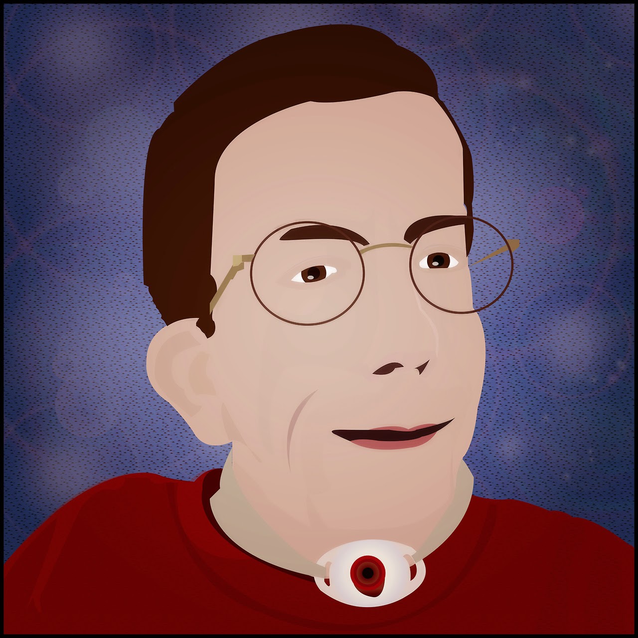 Painted color portrait of Andrew Pulrang, white man with glasses and brown hair, with a tracheostomy, and wearing a red shirt