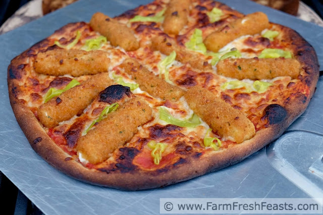This pizza has mozzarella sticks and pickled peppers for a gooey cheesy pie with a bit of a kick. Throw a few handy toppings on a pizza, then throw it on the grill for a fast, easy, and cheesy meal.
