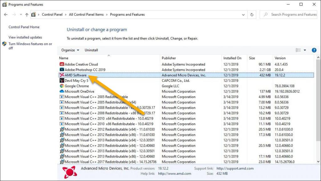 Uninstall Radeon Adrenalin 2020 Windows select amd software