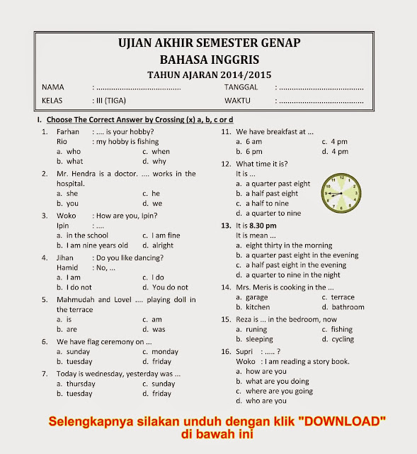 Contoh Soal Pilihan Ganda Bahasa Inggris Kelas 8 Semester 1 Contoh Soal Pilihan Ganda Bahasa Inggris Kelas 8 Semester 1