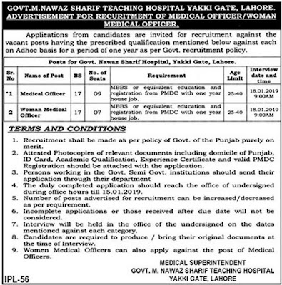 Govt Muhammad Nawaz Sharif Teaching Hospital Lahore Jobs 2019 for 16+ Medical Officers Man/Woman Govt Muhammad Nawaz Sharif Teaching Hospital Lahore Jobs 2019 for 16+ Medical Officers Man/Woman