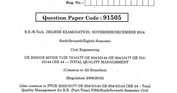 Ge2022 total quality management question papers anna university